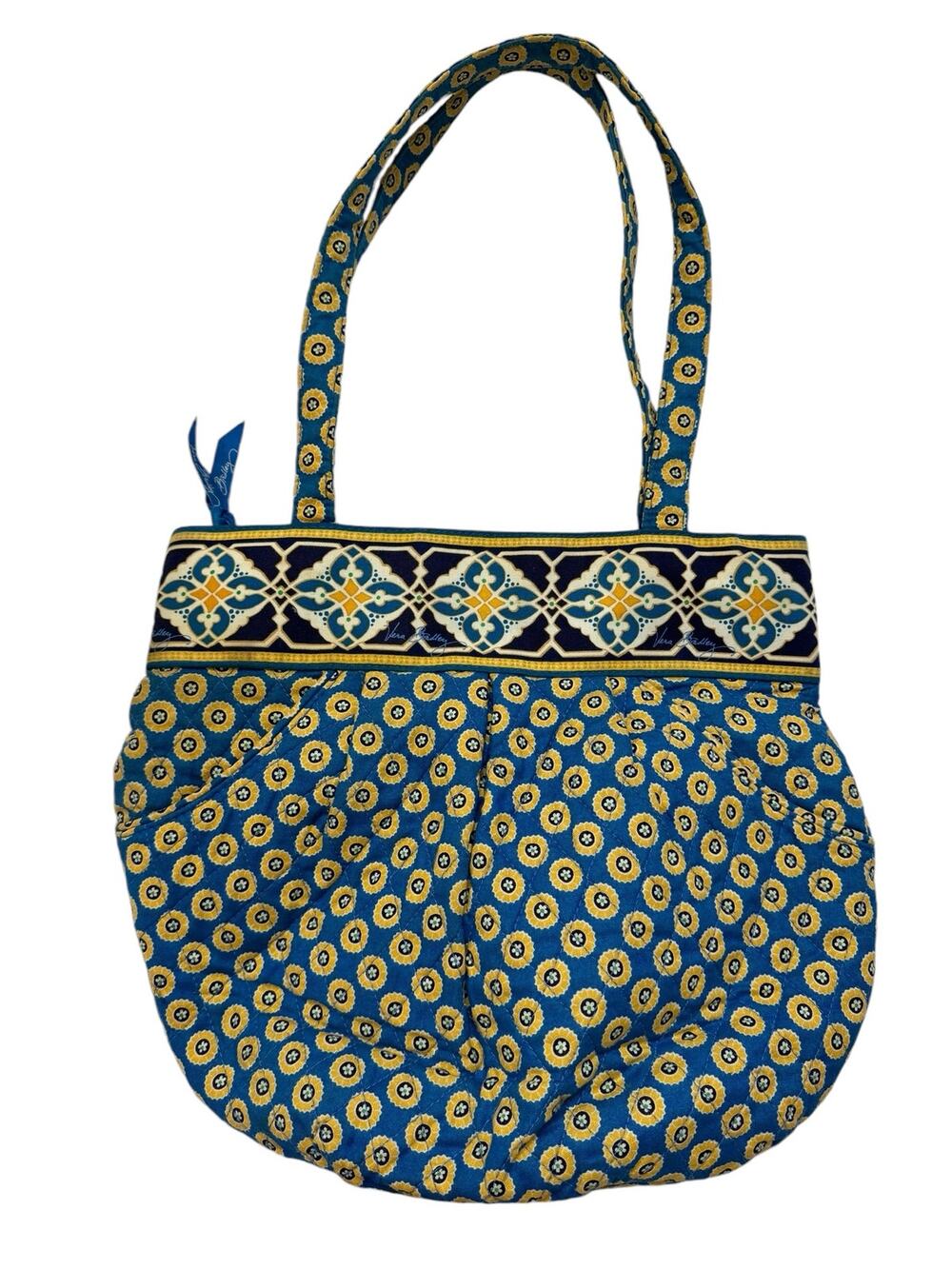 VERA BRADLEY Riviera Blue Zippered Shoulder Bag Purse Blue Yellow Floral Pockets